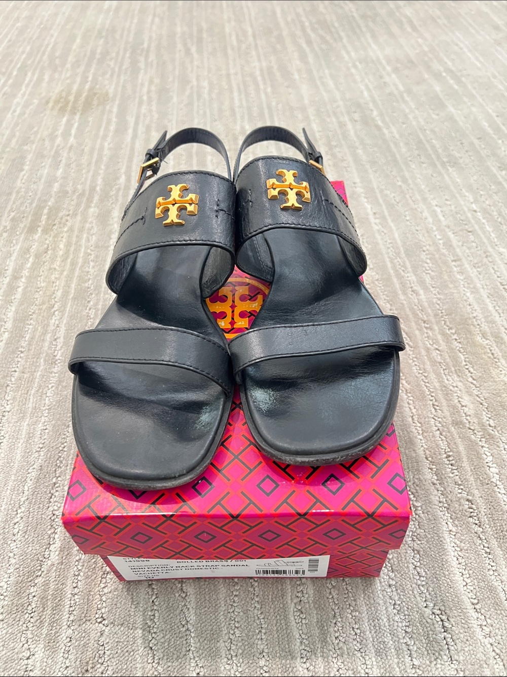 Tory Burch Black Leather Slingback Sandals with Gold Logo Emblem
